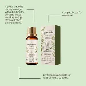 MetaboSculpt Körperöl Detail zeigt sanfte Massage, kompakte Flasche und sanfte Naturformel.