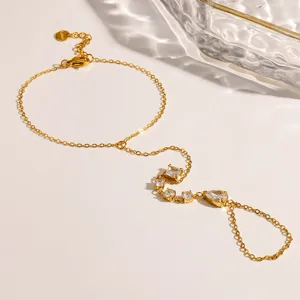 18K Chapado en Oro Acero Inoxidable Hand Chain Bracelet Impermeable Geométrico Cuadrado Gota de Agua Circonia Ring Linked Pulsera para Mujer