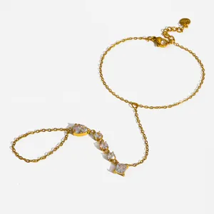 Pulsera de mano de acero inoxidable dorada con circonita cúbica joyería de mujer