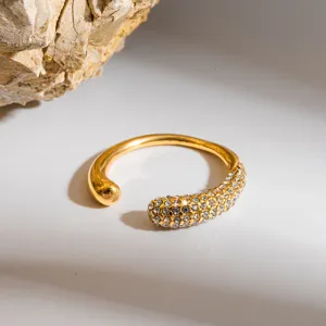 18K Vergoldeter Edelstahl Offener Ring Für Damen Wasserdicht Anlaufbeständig Wassertropfen Strass Eingelegter Fingerring