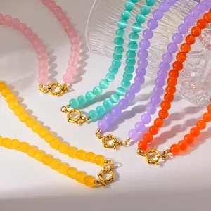 Moda Collana Girocollo in Acciaio Inossidabile Placcato Oro 18K Perline di Vetro Cat Eye Catena della Clavicola Fatta a Mano Gioielli da Donna