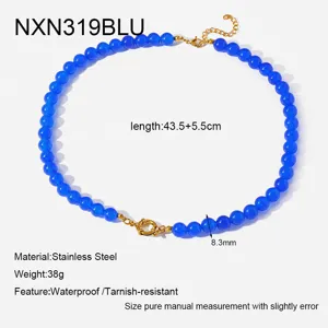 Collana di perle blu in acciaio inossidabile dettaglio, lunghezza 43.5+5.5cm e impermeabile.