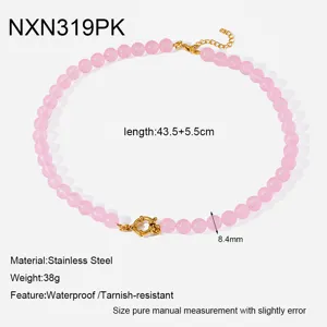 Collana di perle rosa in acciaio inossidabile placcato oro, elegante gioiello donna.