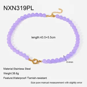 Collana con perline viola in acciaio inossidabile, elegante catena clavicolare da donna.