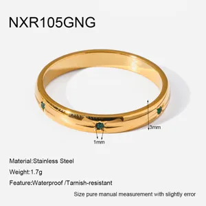 Stainless steel 18K gold plated ring with green zircon stones, slim band waterproof jewelry.