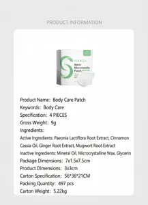 Detail view of HOUKEA body care microneedle patch packaging and dimensions spec sheet.