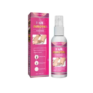 Vue détaillée du flacon de spray dépilatoire doux EELHOE 50ml et de sa boîte rose.