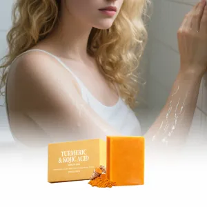 Turmeric kojic acid soap detail showing natural ingredients, brightening bar, 100g pack.