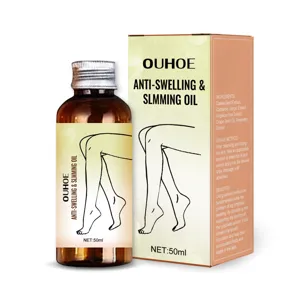 Vista dettagliata della bottiglia di olio essenziale snellente anti-gonfiore OUHOE.