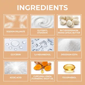 Turmeric brightening shower soap ingredients detail infographic showcasing natural skin care formula.