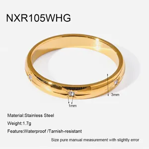 Stainless steel 18K gold plated ring with sparkling zircon stones, waterproof durable.