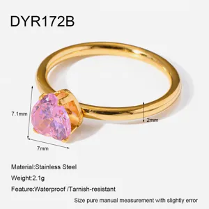 Gold stainless steel pink heart cubic zirconia ring waterproof anti-tarnish jewelry for women