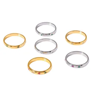 Minimalist stainless steel colorful zircon ring set, elegant 18k gold plated fashion jewelry for women