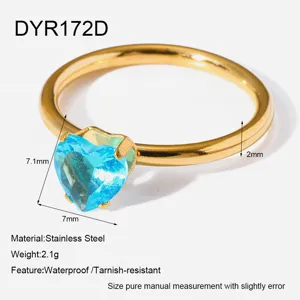 Stainless steel gold plated blue heart cubic zirconia ring waterproof jewelry detail view