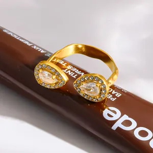 18K Vergulde Roestvrijstalen Open Ring Dubbele Waterdruppel Zirconia Ring Waterdicht Tegen Verkleuring Sieraden Voor Vrouwen