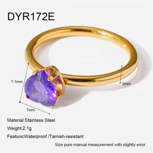 Stainless steel heart purple cubic zirconia ring elegant fashion jewelry for women