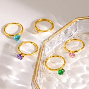 Stainless steel 18K gold plated colorful heart cubic zirconia rings detail display