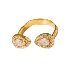 18K Verguld Roestvrij Staal Dubbele Peer Zirkonium Open Ring Elegant Vrouwen Sieraad