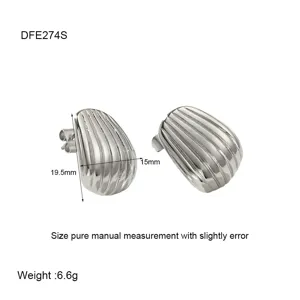 Stainless steel striped geometric stud earrings detail showing 19.5x15mm size and weight.