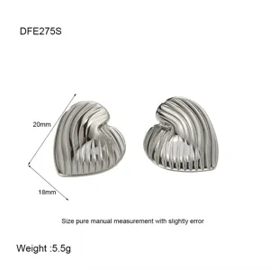 Detailed view of stainless steel ribbed heart earrings, featuring geometric textured design.