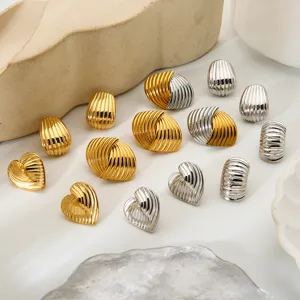 Stainless Steel Striped Heart Geometric Stud Earrings Gold Silver Plated Waterproof Tarnish Resistant Earrings For Women Daily Jewelry