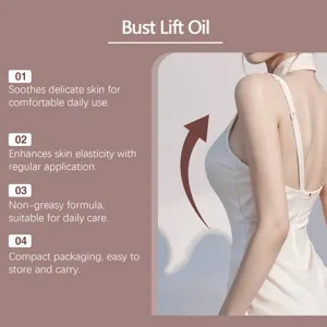 Bust lift massage oil detail showing skin soothing, elasticity enhancement and non-greasy formula.