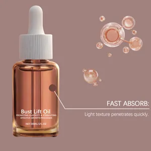 Detail close-up of bust lift oil dropper bottle showing fast absorption and light texture.