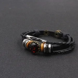 Retro leather multi-layer braided bracelet with vintage metal tubes and charm beads.