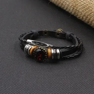 Vintage multi-layer braided leather zodiac constellation charm bracelet with metallic tubes style