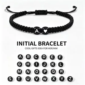 Handgeweven Armband Met Initiaal Voor Koppels Zwart Koord Hart Letter Kraal Verstelbare Sieraden Valentijnscadeau