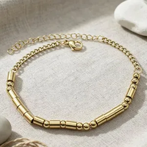 Elegant stainless steel Morse code bead bracelet, minimalist gold adjustable titanium steel jewelry.