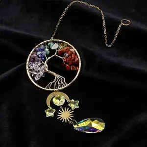 Tree of life crystal suncatcher detail shot with chakra stones and dazzling pendant for decor.