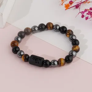 Natural stone beaded bracelet with tiger eye obsidian hematite and zodiac charm for daily wear.