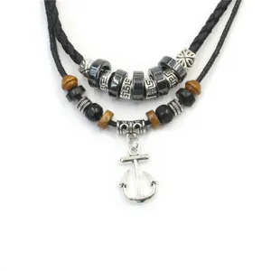 Herren mehrschichtig Leder Anker Halskette Retro Vintage Punk Stil Anhänger Schmuck