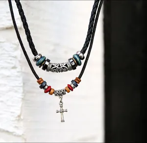 Herren doppelseitige Vintage Halskette mit Kreuzanhänger, schwarzes Lederband Schmuck