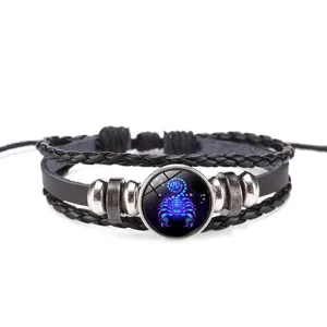 Pulsera trenzada de cuero negro con dije cabujón de vidrio del signo zodiacal Escorpio