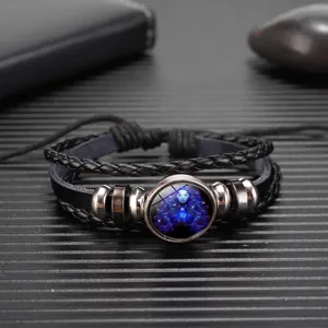 Pulsera de cuero trenzado multicapa vintage con signo zodiacal y cabochon de vidrio.