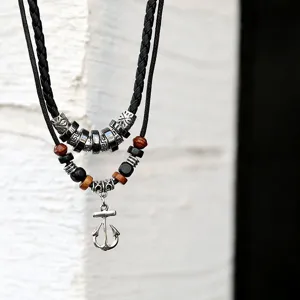 Herren Vintage mehrlagige geflochtene Seilkette mit Anker Anhänger und Holz Metall Perlen.