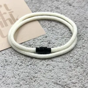 White braided rope bracelet with black magnetic clasp, stylish couple jewelry gift.