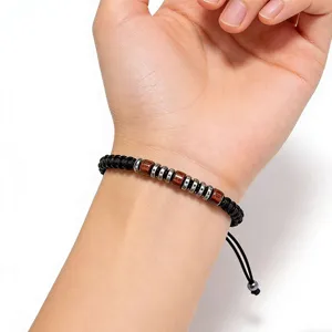 Handmade Morse Code Braided Bracelet For Couples Adjustable Wood Hematite Beaded String Hand Rope Jewelry Gift For Women Men