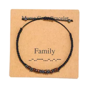 Handmade Morse code bracelet with family charm adjustable black string braided jewelry