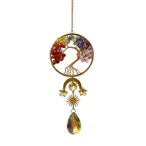Tree of life crystal suncatcher hanging ornament, colorful gemstone wire tree window decor.
