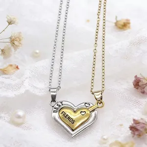 Collier pendentif cœur puzzle assorti pour meilleurs amis en métal argenté et doré.