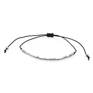 Minimalist Morse code braided bracelet for couples, stylish alloy beaded adjustable wristband