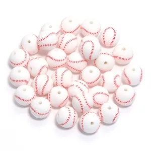 White silicone baseball beads with red stitches, drilled center hole for DIY jewelry making.