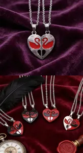Colliers de couple assortis tendance avec pendentif cœur et cygne, set magnétique pour amoureux.
