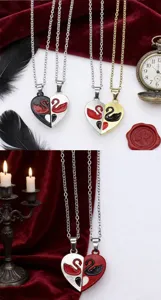 Colliers couple cœur aimanté assorti avec pendentif cygne élégant pour cadeau amoureux.