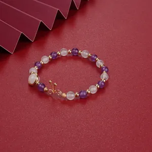 Natural amethyst and moonstone beaded bracelet for women, elegant gold metal beads jewelry.