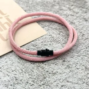 Pink braided double wrap cord bracelet with black magnetic clasp for couples and daily wear.
