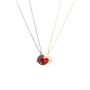 Magnetic couple heart dolphin necklaces set, matching alloy metal pendants for lovers.